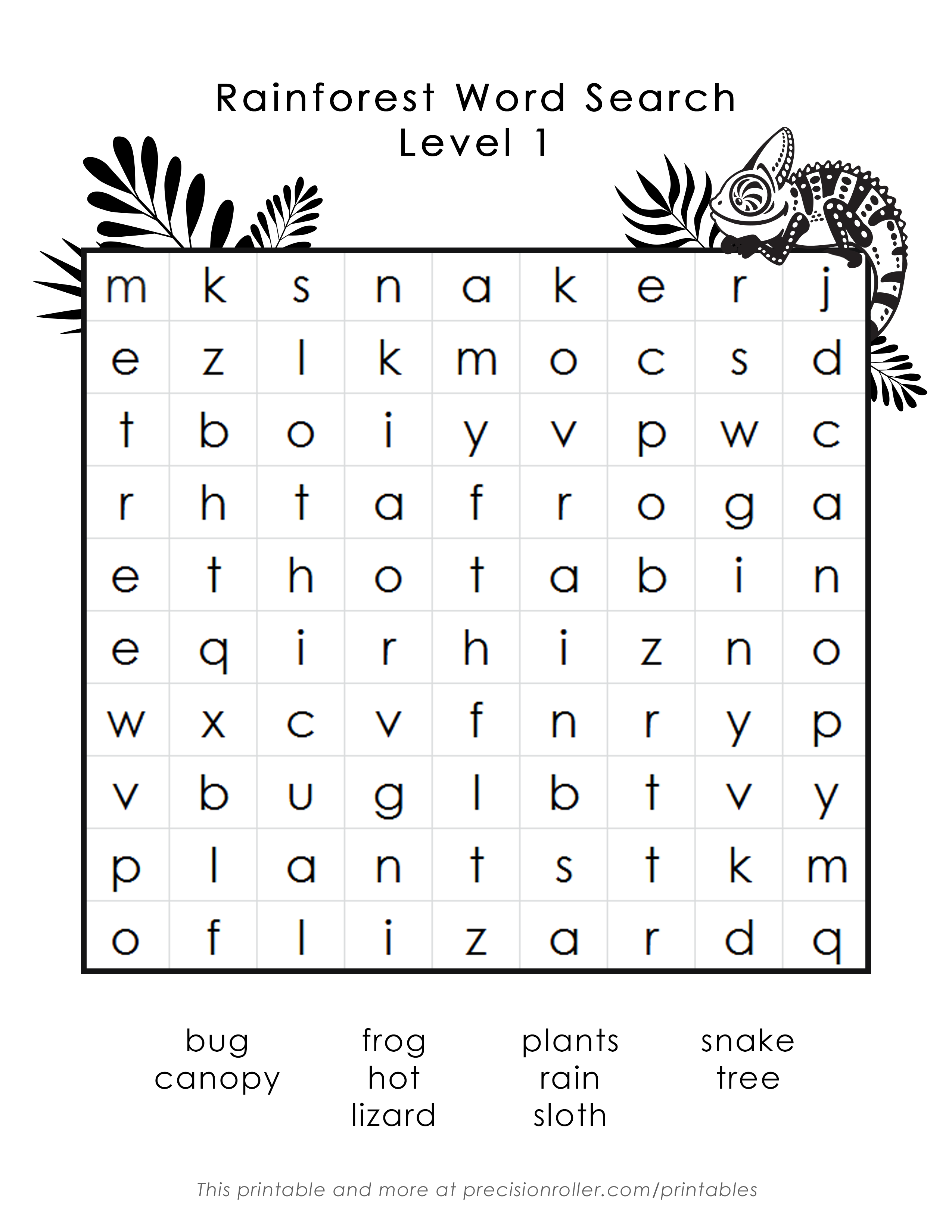 Rainforest themed Free Printable Word Search Precision Printables